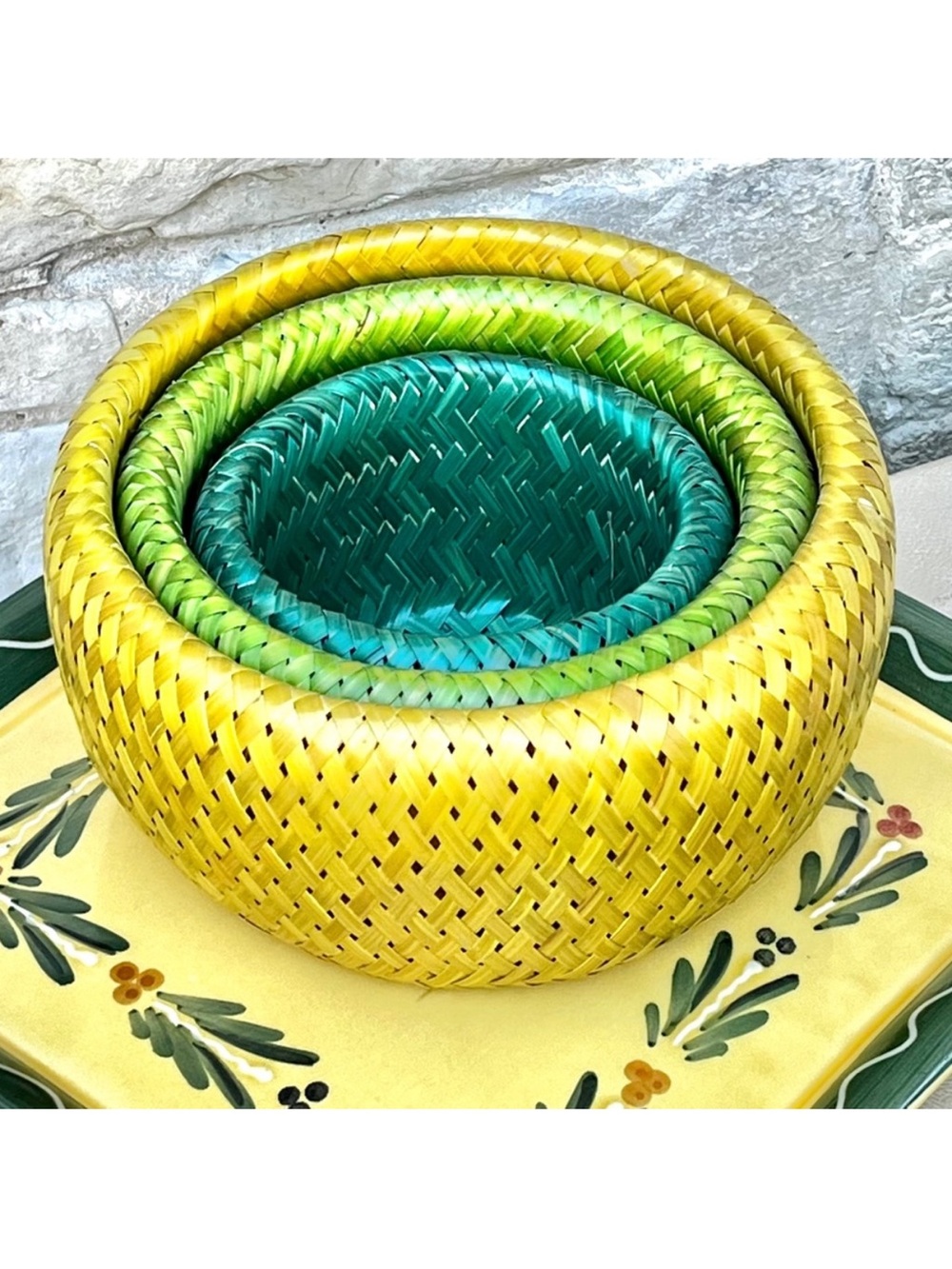 3 Blue Green Yellow Crate Barrel Bambu Double Wall Tall Nesting Bowls Bamboo